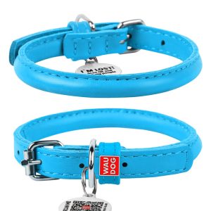 Waudog Glamour Leather Cat Collar with QR Tag, Blue, 22 to 30 cm