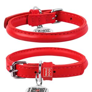 Waudog Glamour Leather Cat Collar with QR Tag, Red, 22 to 30 cm