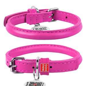 Waudog Glamour Leather Cat Collar with QR Tag, Pink, 22 to 30 cm